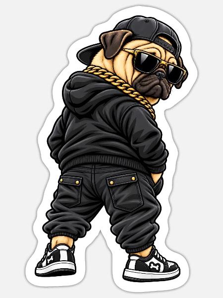 Cooler Gangster Mops im Streetwear Style - Sticker Größe S (10 x 10 cm) - Mattweiß