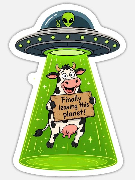 UFO Kuh: Endlich Verlassen Diesen Planeten - Sticker Größe S (10 x 10 cm) - Mattweiß