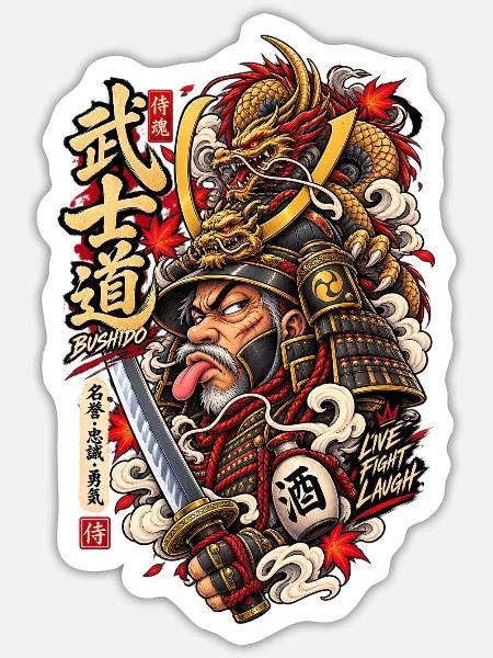 Bushido Drache Krieger - Sticker Größe S (10 x 10 cm) - Mattweiß