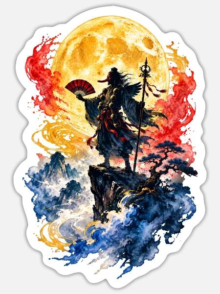 Tengu Mondkrieger Japan Aquarell - Sticker Größe S (10 x 10 cm) - Mattweiß