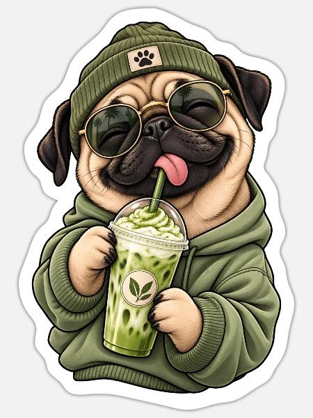 Süßer Mops mit Matcha Latte - Sticker Größe S (10 x 10 cm) - Mattweiß