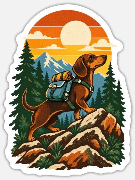 Dackel auf Gipfeltour - Sticker Größe S (10 x 10 cm) - Mattweiß