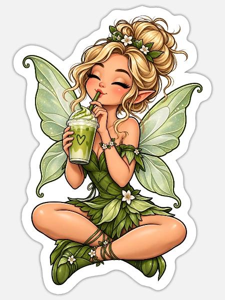 Süße Fee mit Matcha Latte - Sticker Größe S (10 x 10 cm) - Mattweiß