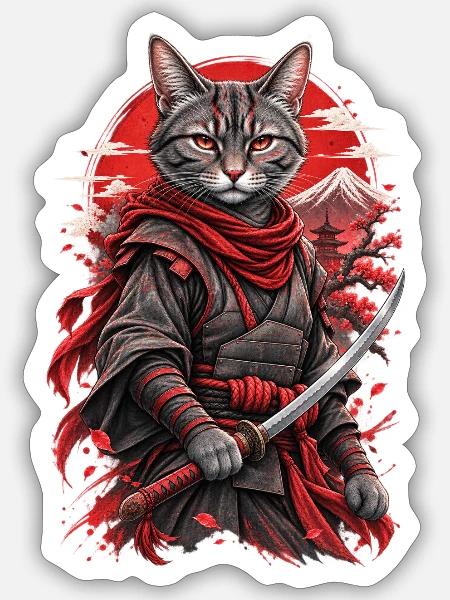 Samurai Katze - Sticker Größe S (10 x 10 cm) - Mattweiß