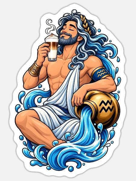 Wassermann mit Latte Macchiato - Sticker Größe S (10 x 10 cm) - Mattweiß