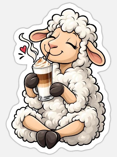 Süßes Schaf mit Latte Macchiato - Sticker Größe S (10 x 10 cm) - Mattweiß