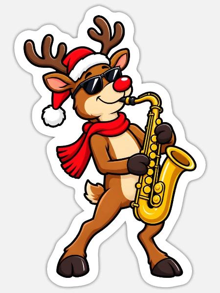 Rentier mit Saxophon - Sticker Größe S (10 x 10 cm) - Mattweiß