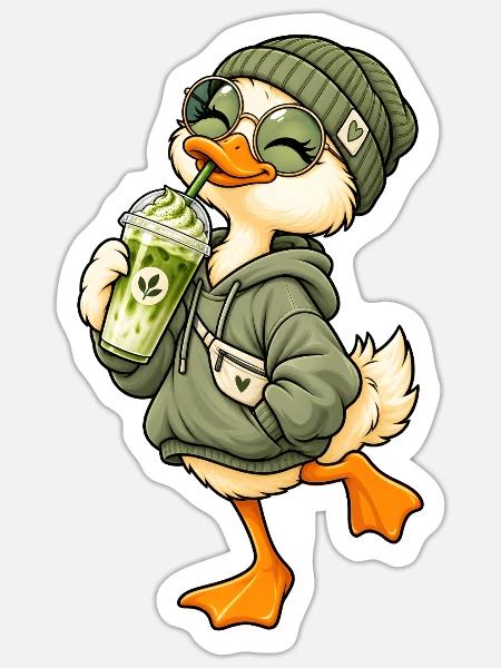 Süße Ente mit Matcha Latte - Sticker Größe S (10 x 10 cm) - Mattweiß