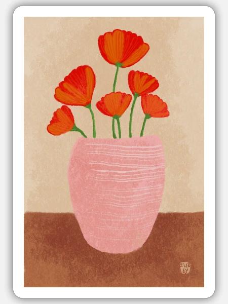 Mohn in Rosa Vase - Sticker Größe S (10 x 10 cm) - Mattweiß