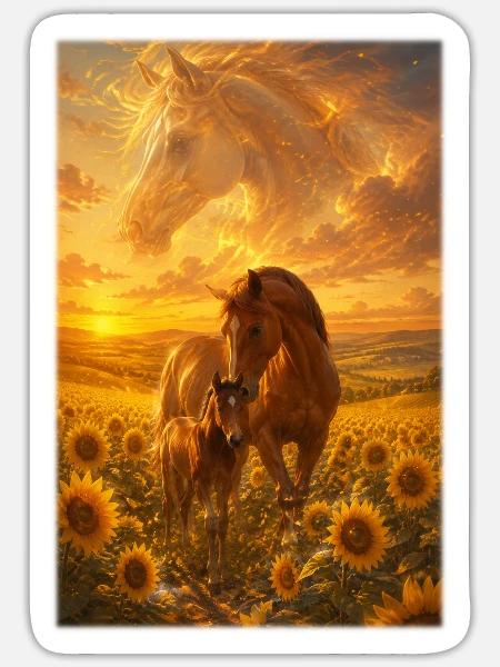 Stute und Fohlen im Sonnenfeld - Sticker Größe S (10 x 10 cm) - Mattweiß