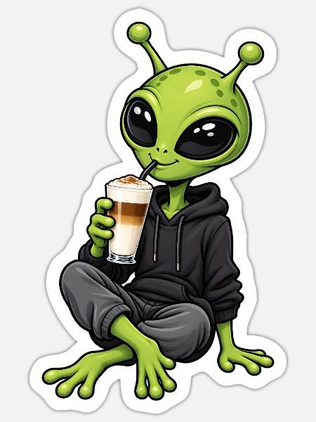 Alien mit Latte Macchiato - Sticker Größe S (10 x 10 cm) - Mattweiß