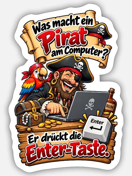 Pirat am Computer Entertaste - Sticker Größe S (10 x 10 cm) - Mattweiß