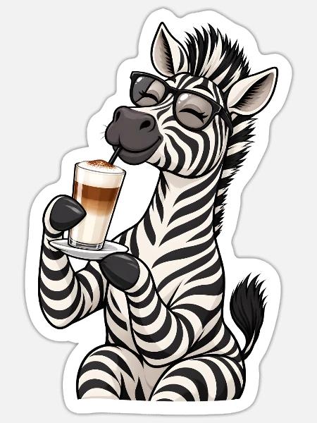 Zebra mit Latte Macchiato - Sticker Größe S (10 x 10 cm) - Mattweiß