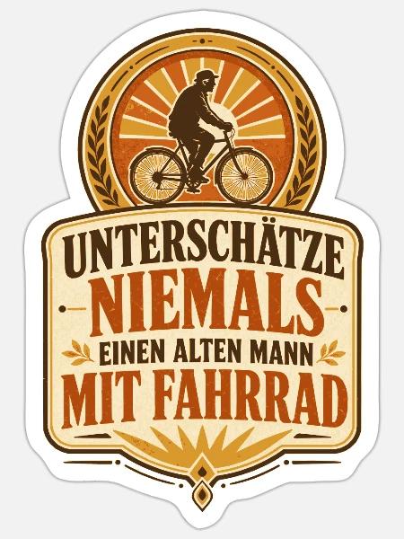 Alter Mann mit Fahrrad Retro-Badge - Sticker Größe S (10 x 10 cm) - Mattweiß