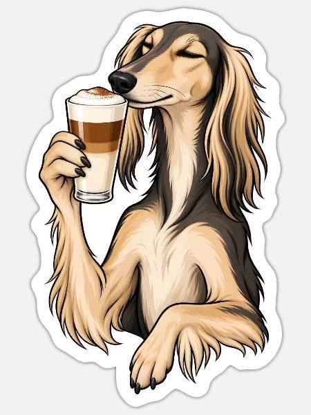 Saluki mit Latte Macchiato - Sticker Größe S (10 x 10 cm) - Mattweiß