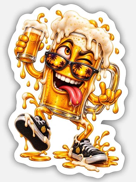 Lustiger Cartoon-Bierkrug mit Palmen - Sticker Größe S (10 x 10 cm) - Mattweiß