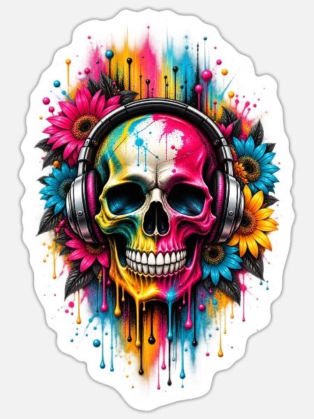 NEON BEATS – Skull in Color - Sticker Größe S (10 x 10 cm) - Mattweiß