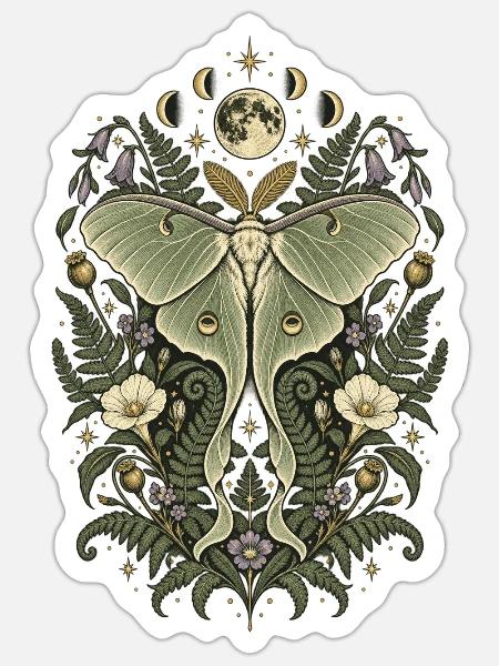 Mondblüte und Nachtfantasie-Motte - Sticker Größe S (10 x 10 cm) - Mattweiß
