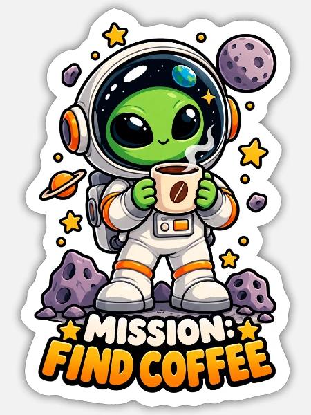 Mission: Kaffee finden - Sticker Größe S (10 x 10 cm) - Mattweiß