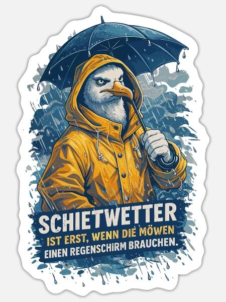 Möwe im Friesennerz - Schietwetter Spruch - Sticker Größe S (10 x 10 cm) - Mattweiß