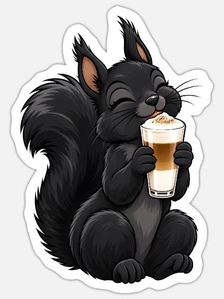 Schwarzes Eichhörnchen mit Latte Macchiato - Sticker Größe S (10 x 10 cm) - Mattweiß