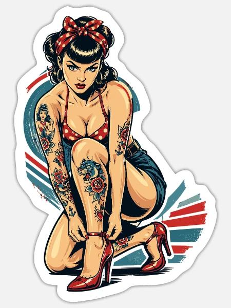 Old School Pin-Up: Rockabilly Tattoo Design - Sticker Größe S (10 x 10 cm) - Mattweiß