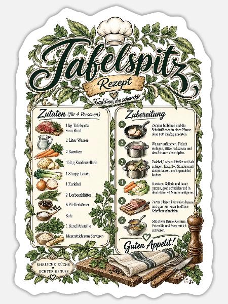 Tafelspitz Rezept – Tradition die schmeckt - Sticker Größe S (10 x 10 cm) - Mattweiß