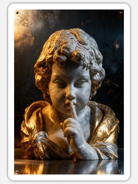 Flüsternder Cherub im goldenen Schein - Sticker Größe S (10 x 10 cm) - Mattweiß