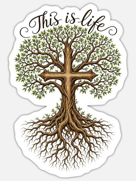 Religion Baum Kreuz Spruch - Sticker Größe S (10 x 10 cm) - Mattweiß