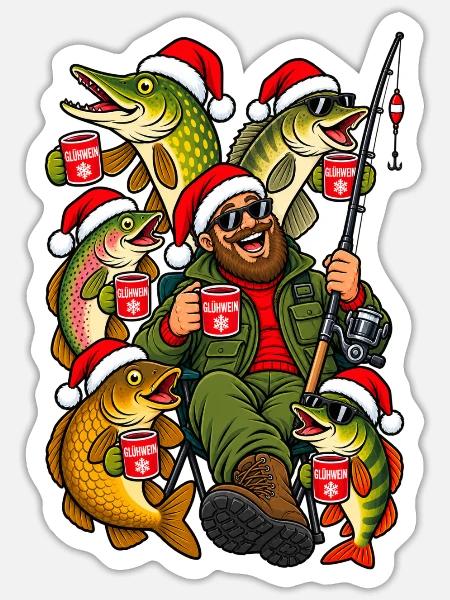 Weihnachtsangler mit Glühwein und Fischen - Sticker Größe S (10 x 10 cm) - Mattweiß