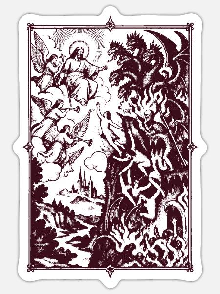 Ritterszene und Drachen im Rahmen - Sticker Größe S (10 x 10 cm) - Mattweiß