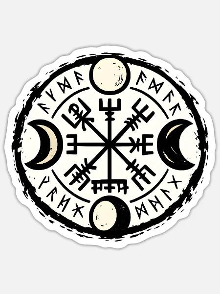 Mondrunen Kompass mit Mondphasen - Sticker Größe S (10 x 10 cm) - Mattweiß