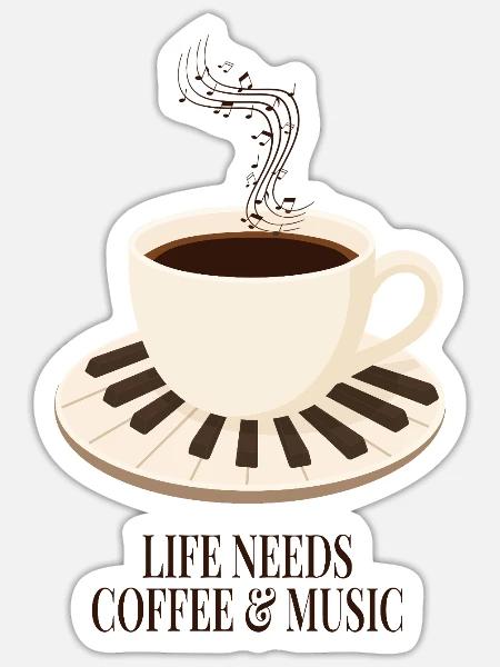 Kaffee, Musik und Klavier - Sticker Größe S (10 x 10 cm) - Mattweiß