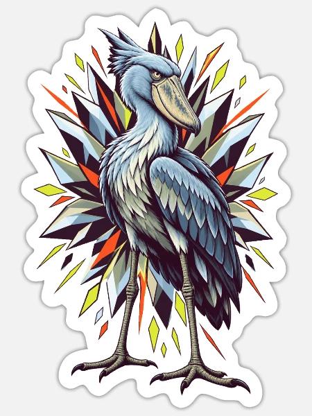 Schuhschnabel mit geometrischer Funkenblüte - Sticker Größe S (10 x 10 cm) - Mattweiß