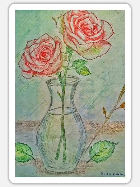 Zwei rote Rosen in einer Vase - Sticker Größe S (10 x 10 cm) - Mattweiß