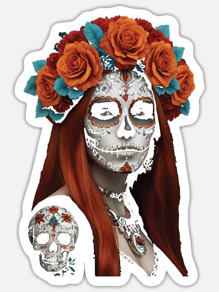 Blumen Zucker Schädel Porträt - Sticker Größe S (10 x 10 cm) - Mattweiß
