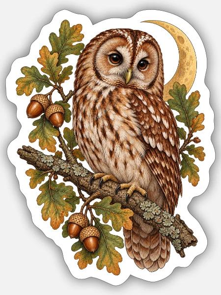 Waldkauz auf Eichenast für Eulenfreunde - Sticker Größe S (10 x 10 cm) - Mattweiß