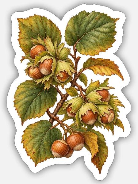 Haselnüsse am Zweig Botanische Illustration - Sticker Größe S (10 x 10 cm) - Mattweiß