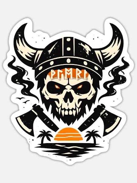 Viking Schädel mit Feueruntergang - Sticker Größe S (10 x 10 cm) - Mattweiß