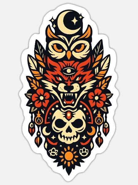 Mondtotem Wolfsschädel Blüten - Sticker Größe S (10 x 10 cm) - Mattweiß