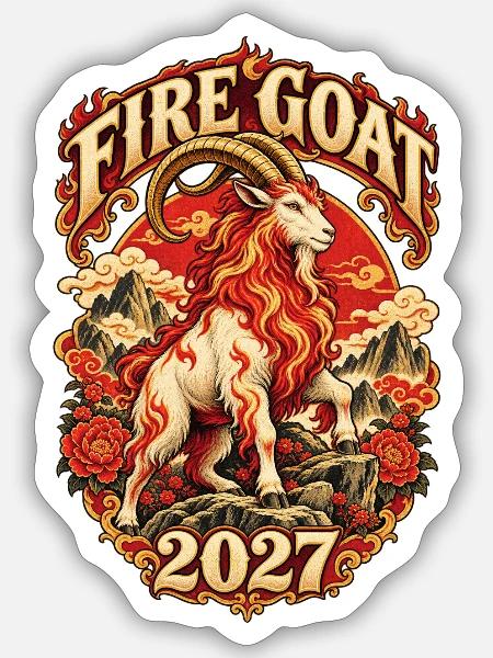 Feuerbock 2027 Retro Chinesisches Tierkreis - Sticker Größe S (10 x 10 cm) - Mattweiß