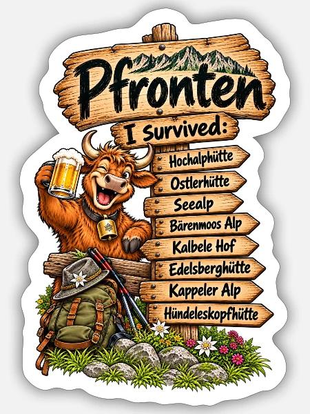 Pfronten Überlebt: Alpenhumor - Sticker Größe S (10 x 10 cm) - Mattweiß
