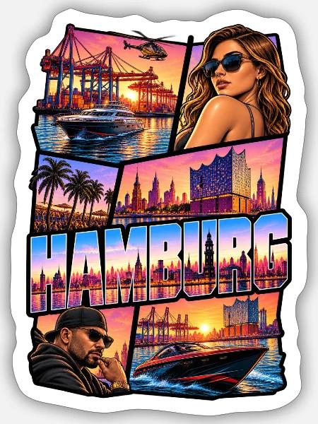 Hamburg Neon Skyline Collage - Sticker Größe S (10 x 10 cm) - Mattweiß