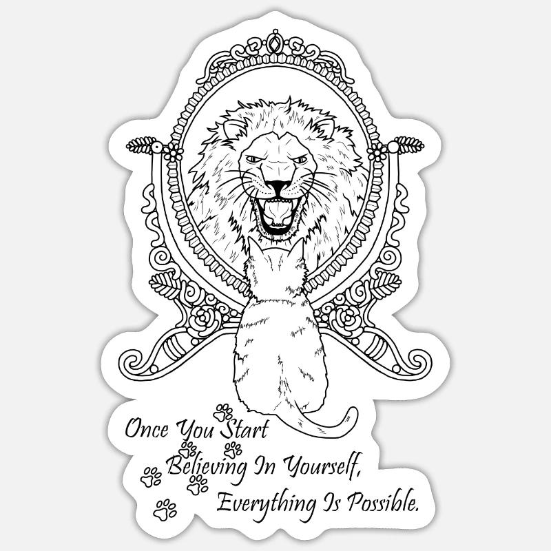 Chat dans le miroir Lion reflet illustration - Sticker taille S (10 x 10 cm) - blanc mat