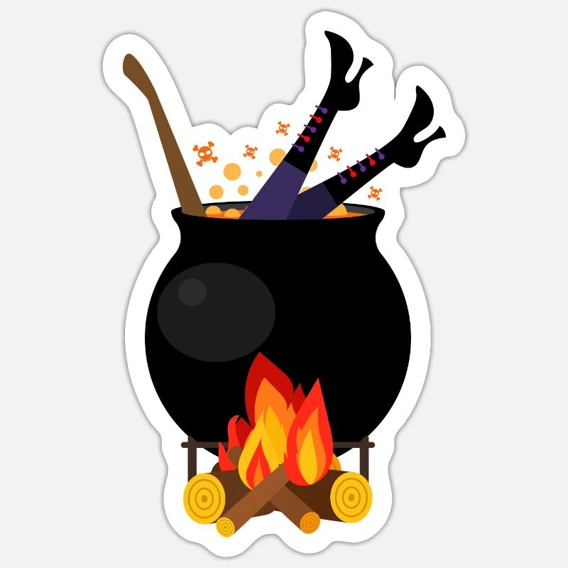 Sorcière dans une casserole - bois de chauffage de cuisson d'Halloween - Sticker taille S (10 x 10 cm) - blanc mat