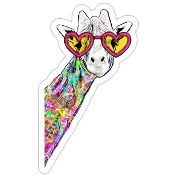 Dessin Girafe douce Coloré Hipster Avec lunettes de cœur - Sticker taille S (10 x 10 cm) - blanc mat - Devant