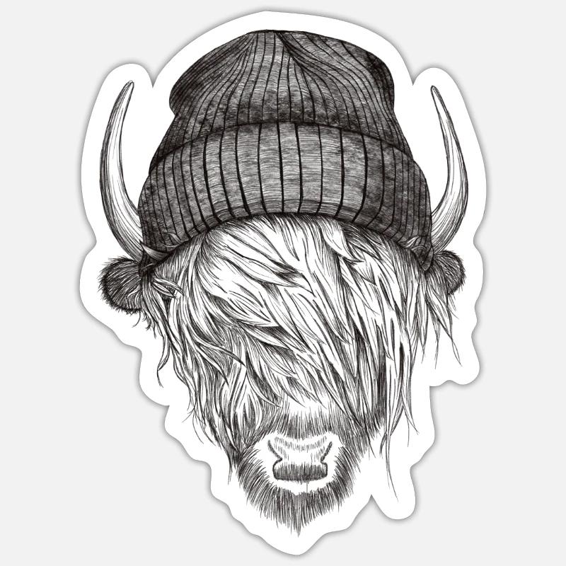 Highland Cattle avec casquette - Sticker taille S (10 x 10 cm) - blanc mat