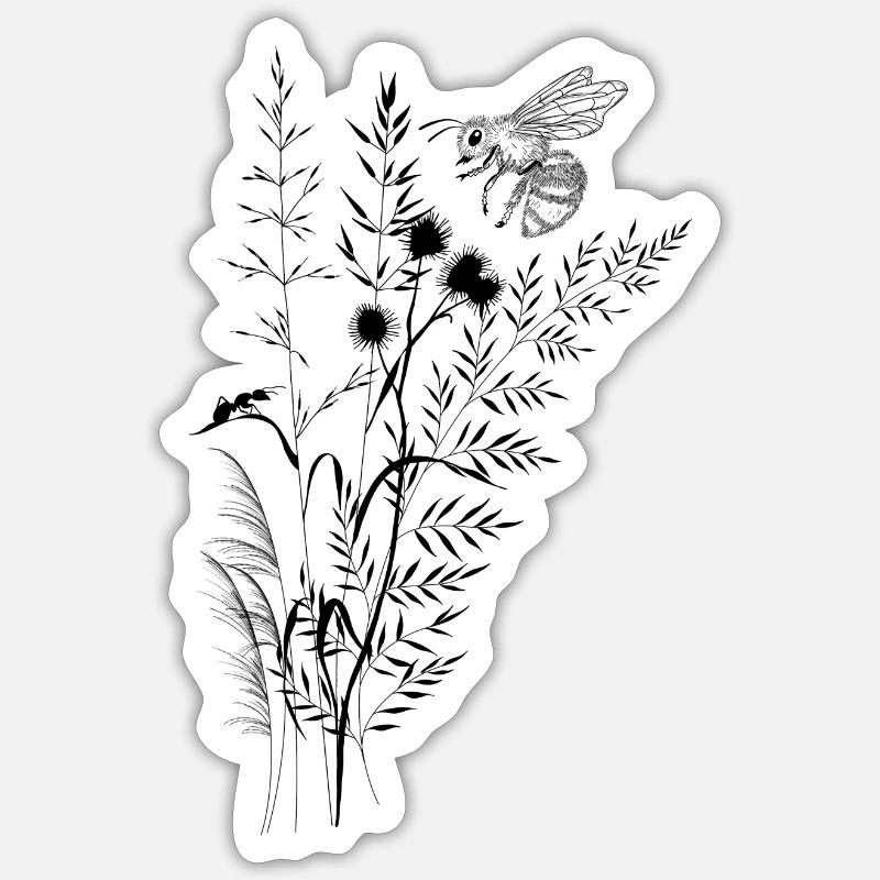Composition fleurs sauvage et abeille fourmis - Sticker taille S (10 x 10 cm) - blanc mat