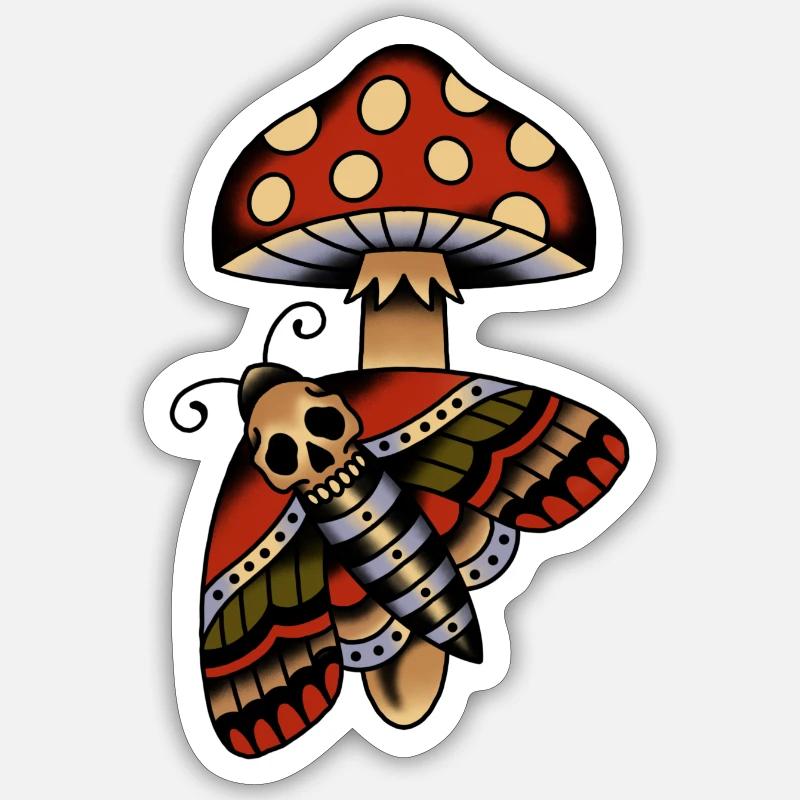 Conception de tatouage old school champignon et papillon de nuit - Sticker taille S (10 x 10 cm) - blanc mat