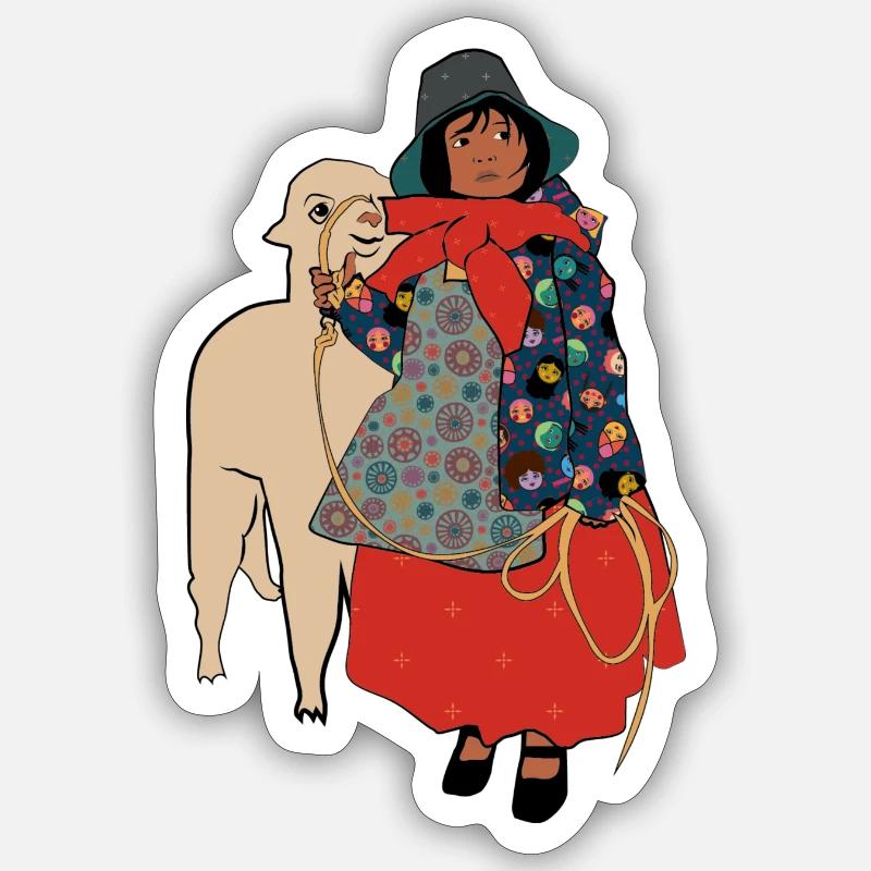 Mädchen mit Lama - Sticker Größe S (10 x 10 cm) - Mattweiß